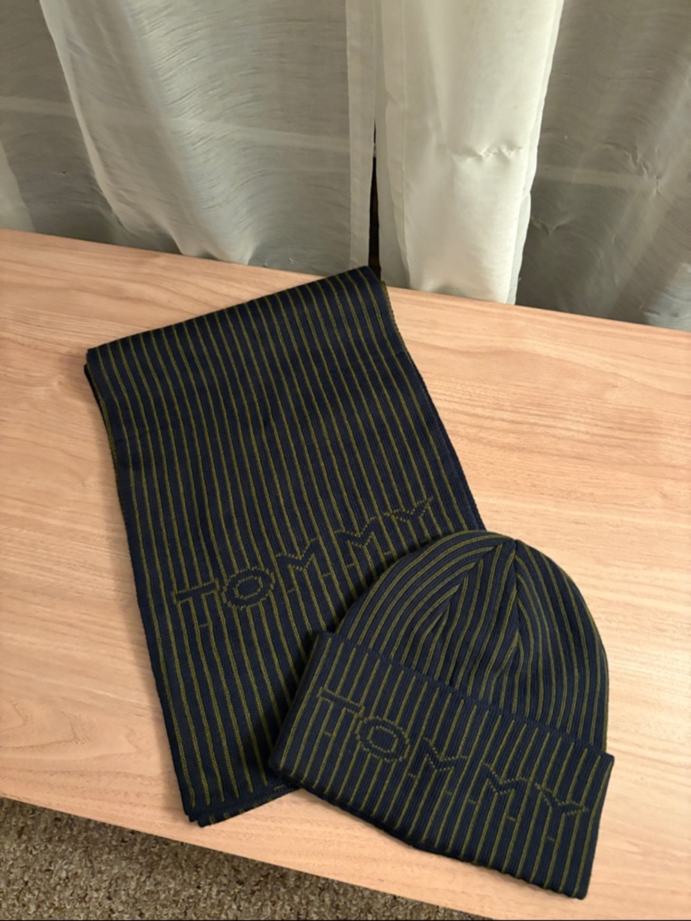 Tommy Hilfiger Navy & Olive Striped Knit Beanie and Scarf Set